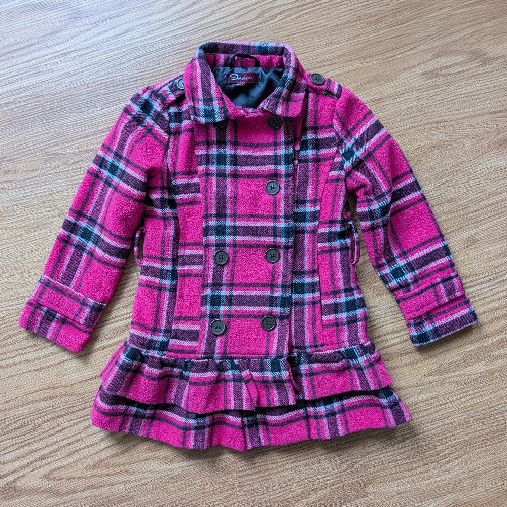 Pink Plaid Ruffle Peacoat, Size 4